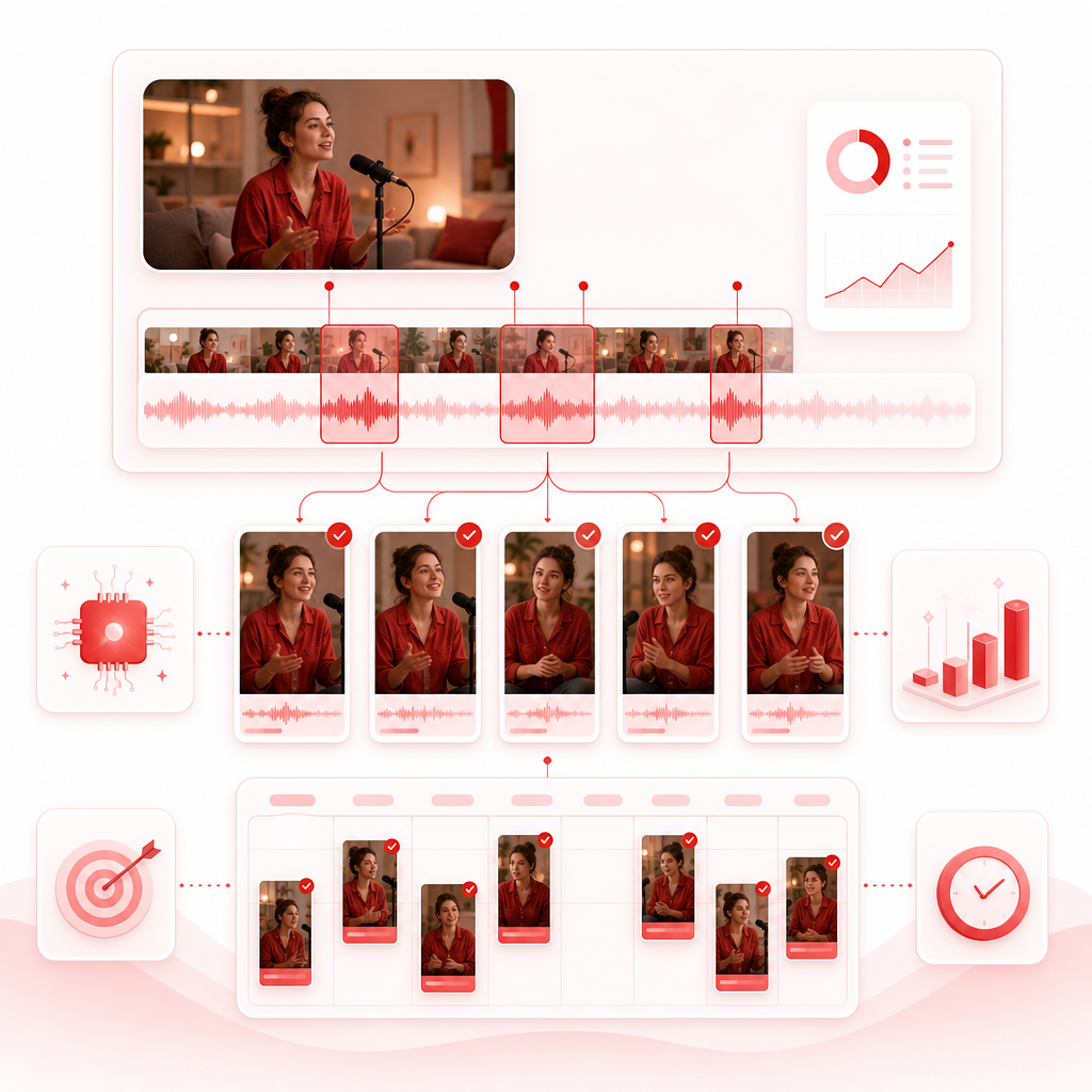Workflow dashboard showing a long video timeline converted into short clips.