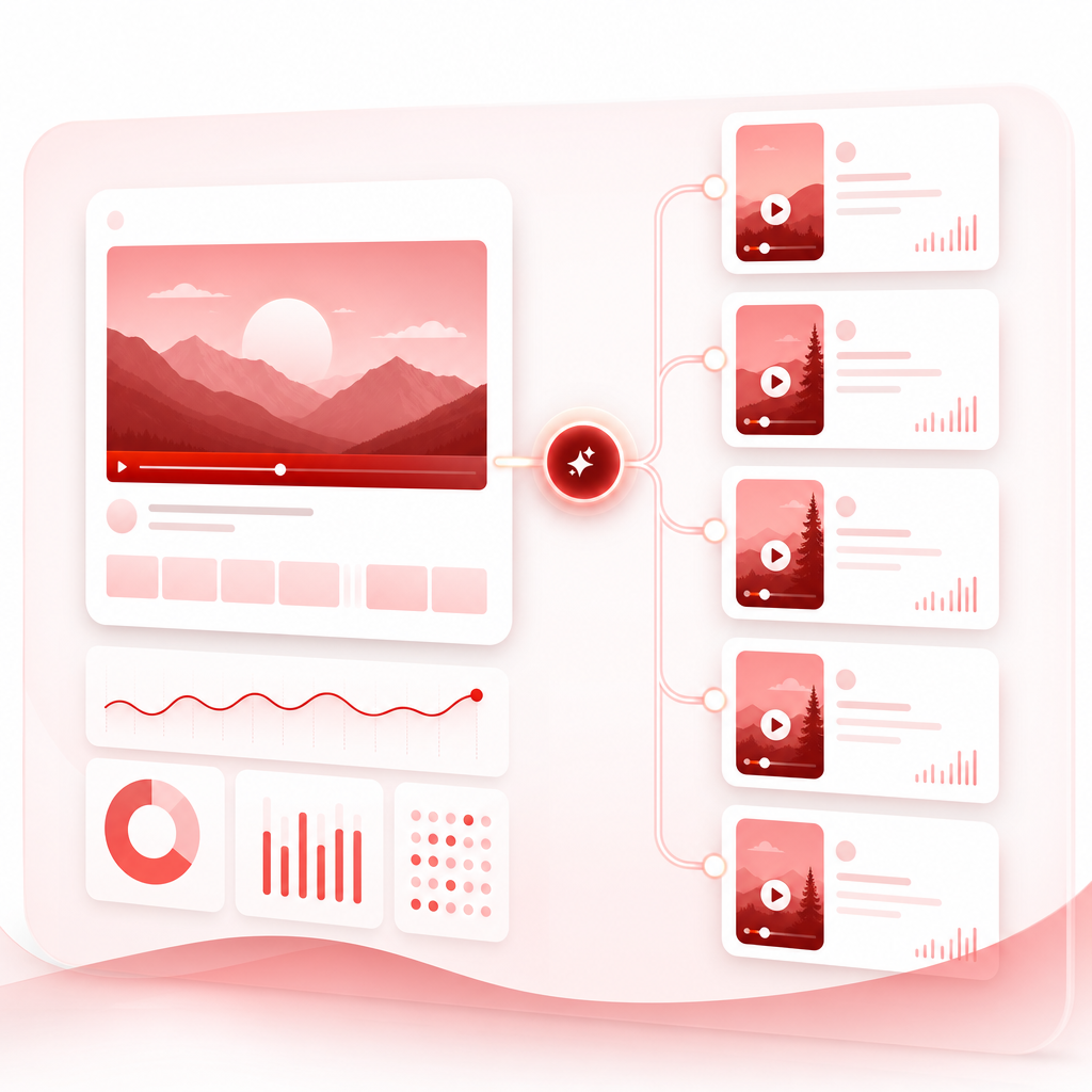 Dashboard-style illustration of one long video turning into multiple short-form clips.