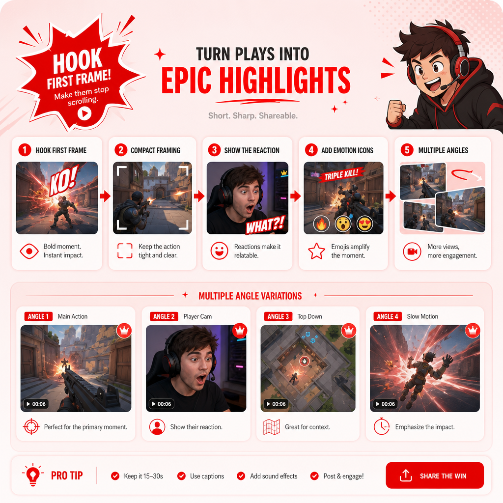 Illustration of best practices for gaming stream highlights: instant hooks, tight clips, clear emotion, and varied angles.