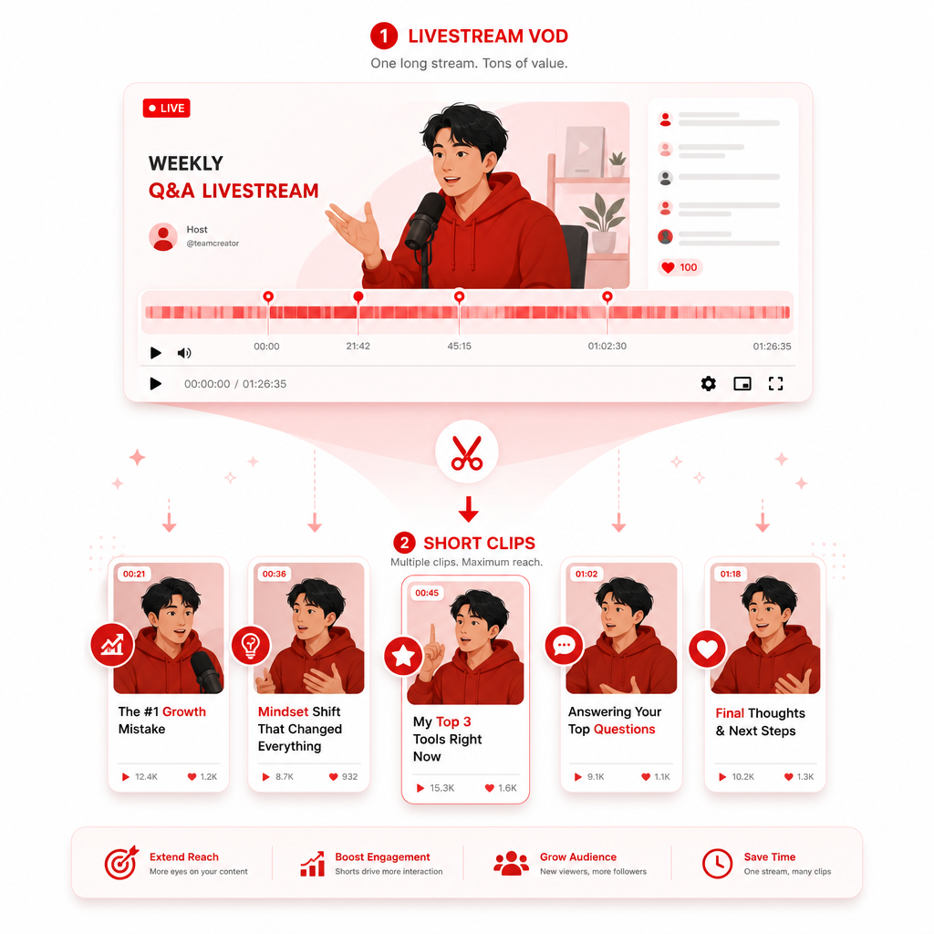 Illustration of a VOD timeline converting into multiple short clips for Shorts, Reels, and TikToks.