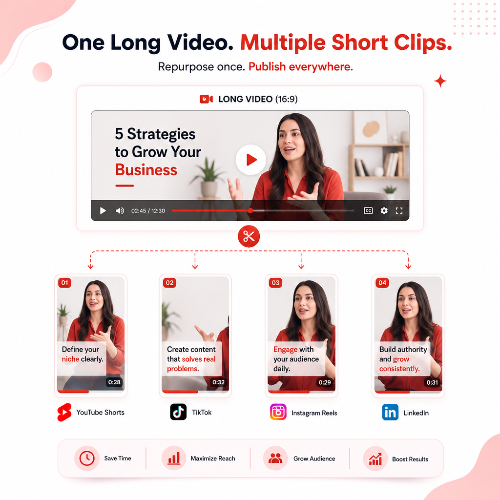 Illustration showing one long video repurposed into multiple ready-to-post short clips.