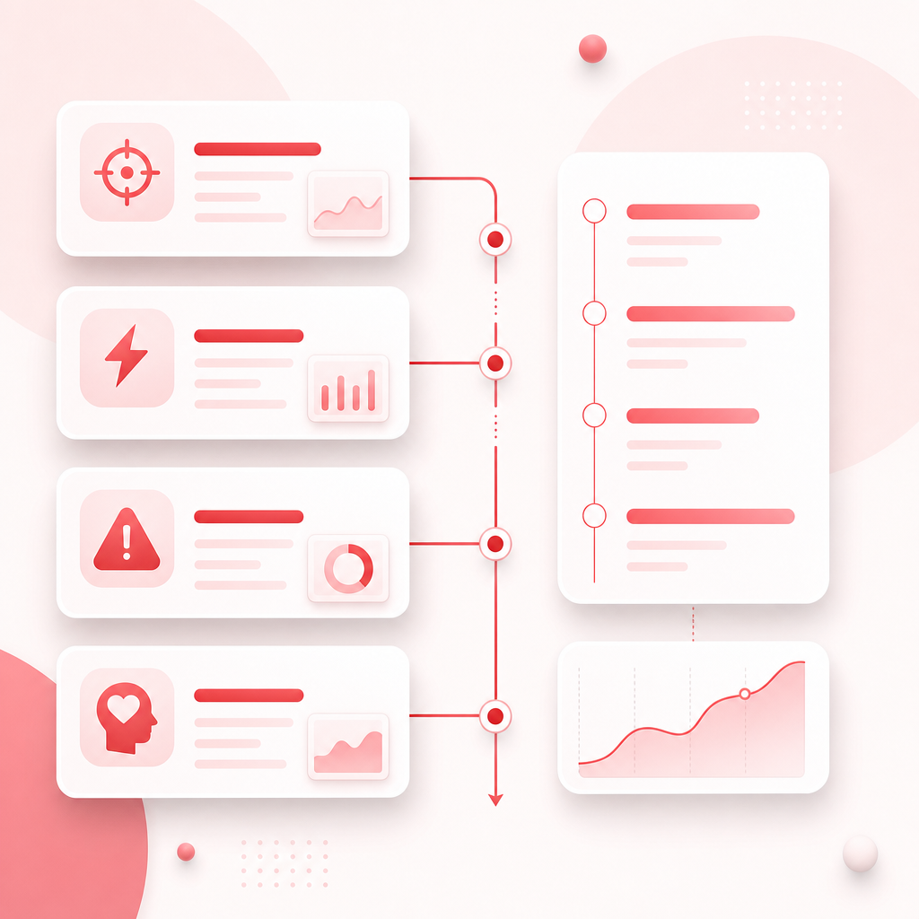Modern illustration of hook framework cards connected to an outline timeline.
