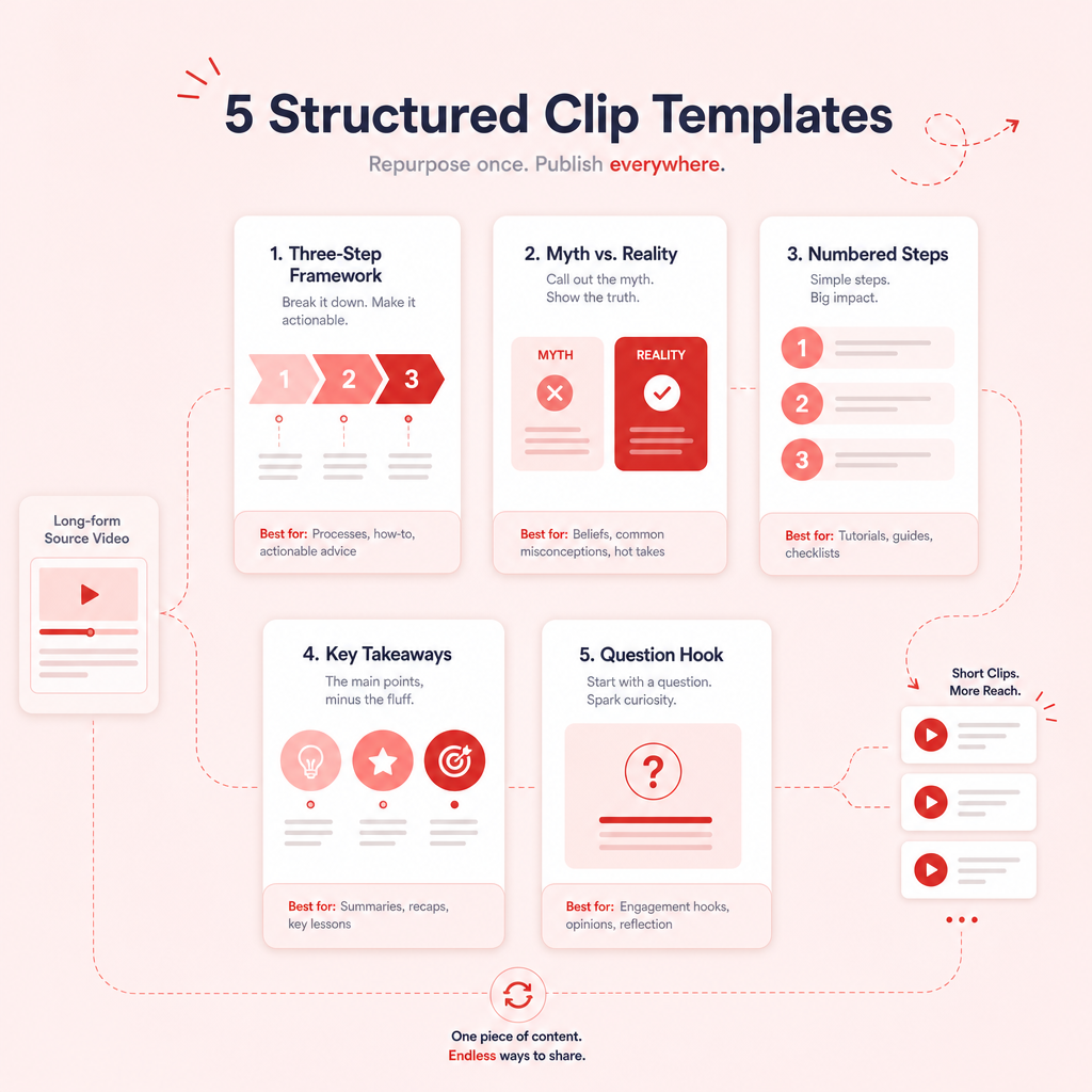 Illustration of reusable clip templates for short-form video repurposing.