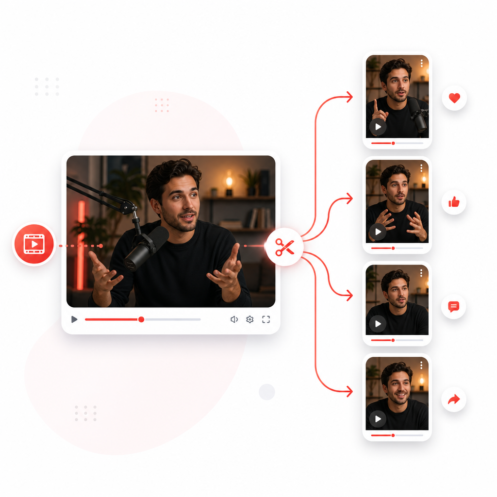 Illustration showing one long video branching into multiple short, ready-to-post clips.