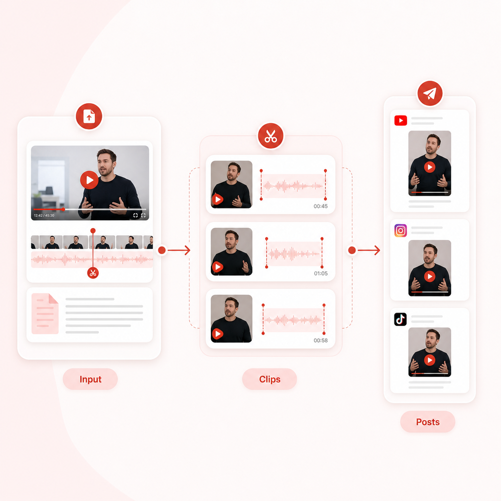 Illustration of the clip-first repurposing workflow from input to clips and posts.