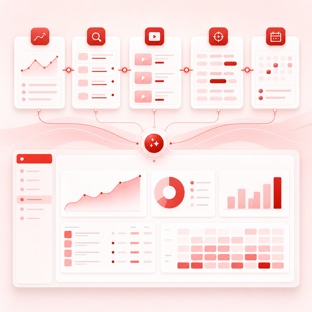 Workflow dashboard illustration showing trends turning into video ideas and upload planning