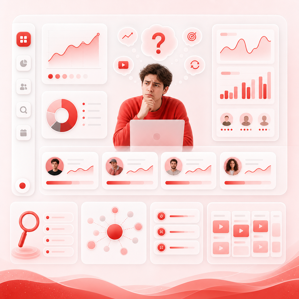 Dashboard-style illustration of YouTube research uncertainty and content planning gaps