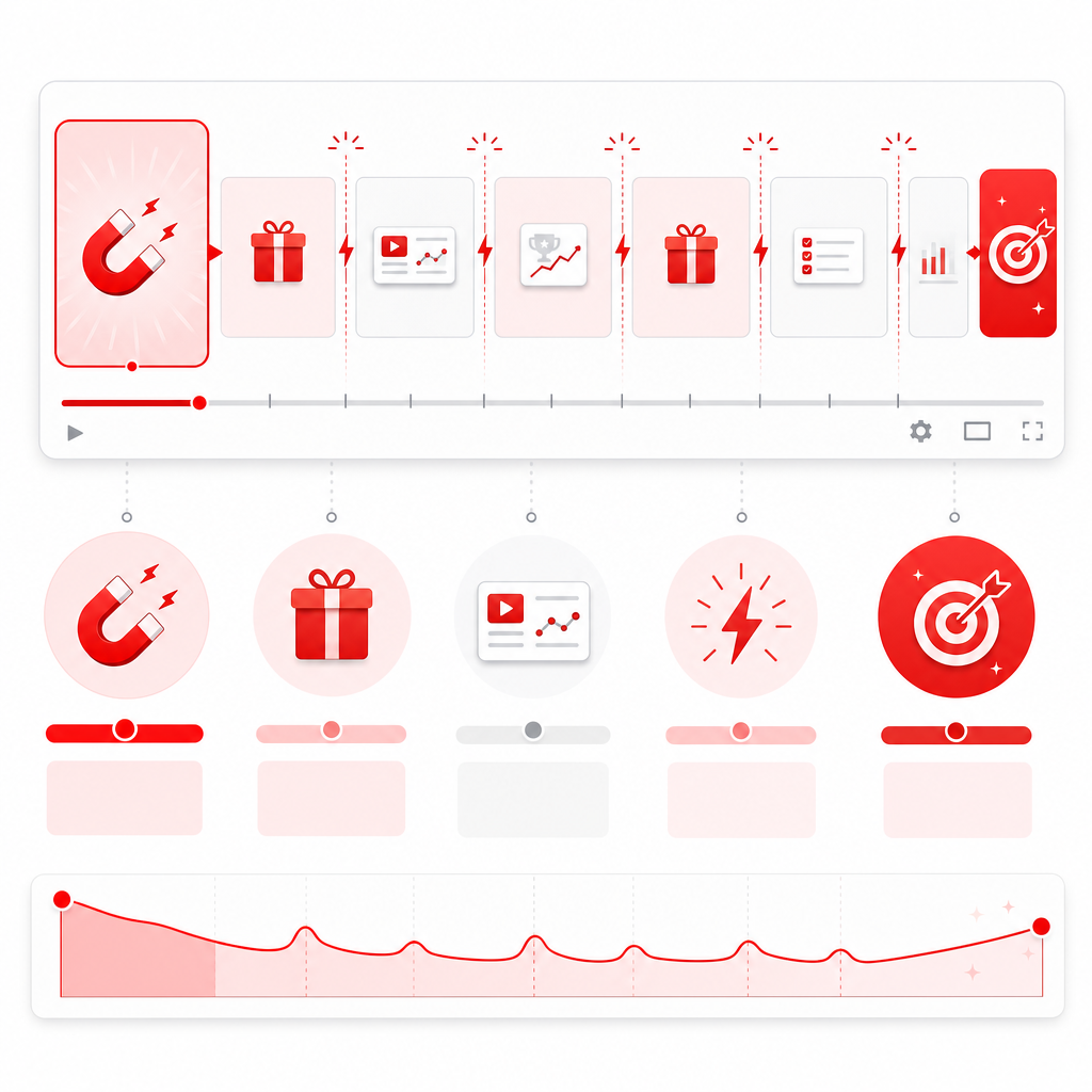 Illustration representing a retention-focused YouTube video structure with hook, value sections, proof points, pattern interrupts, and a final CTA.