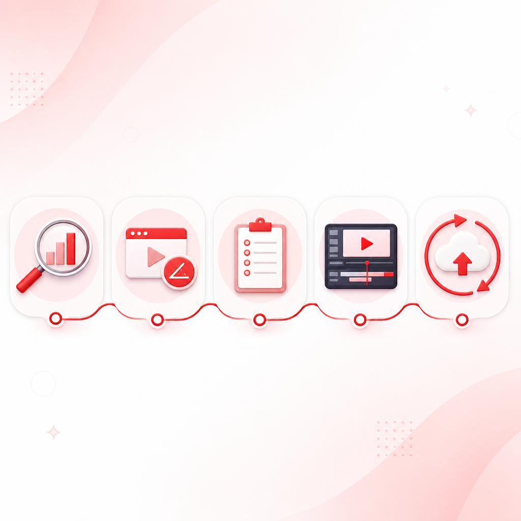 Illustration showing an end-to-end AI YouTube content pipeline from research to publish and iterate.