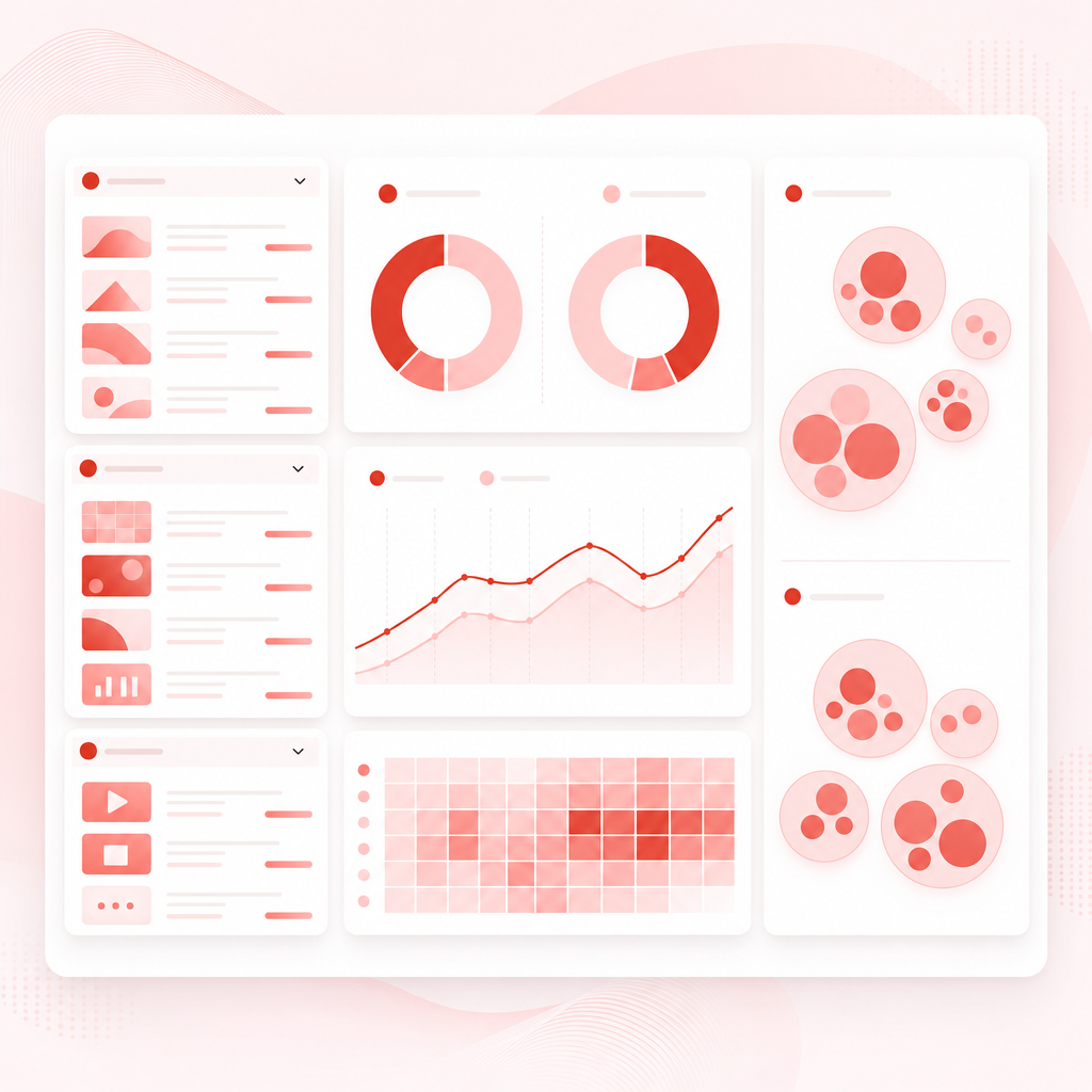 Workflow dashboard illustration for comparing clicked vs watched and spotting topic and keyword patterns.