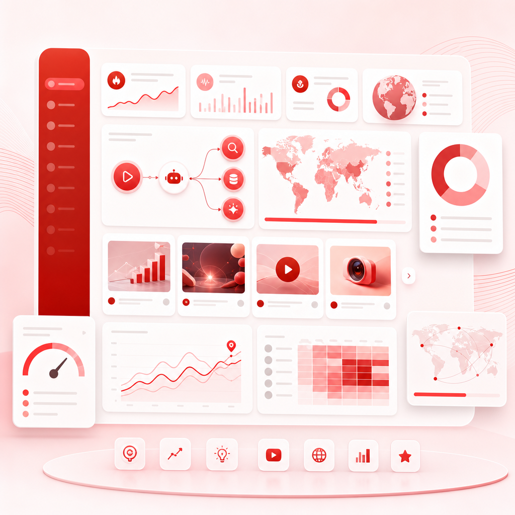 SaaS dashboard illustration of research automation, trend discovery, content gap panels, and video idea workflow cards.