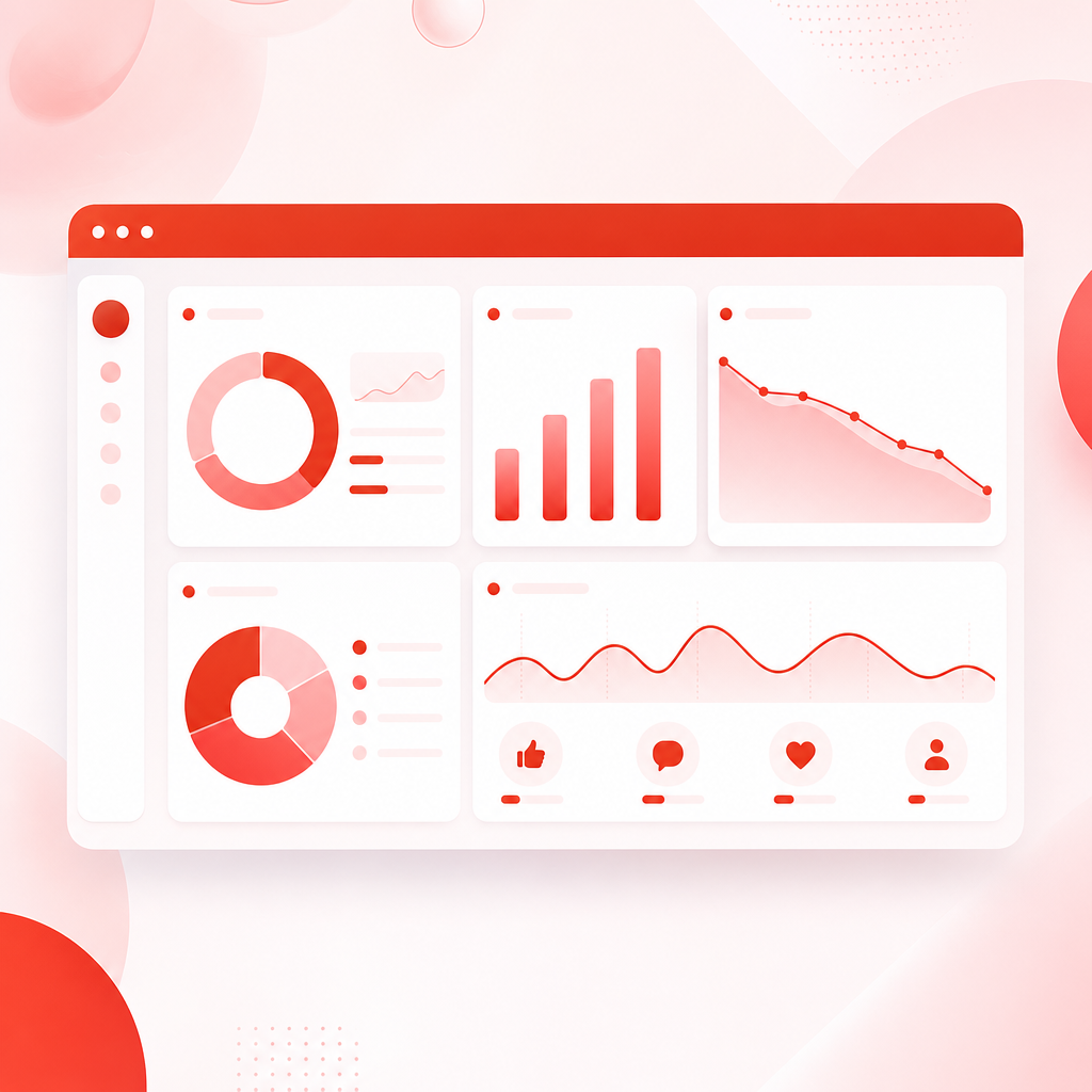 Analytics dashboard illustration showing panels for CTR, impressions, retention, traffic sources, and engagement metrics.