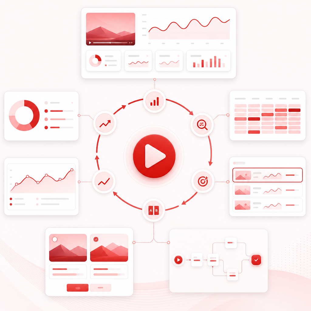 Dashboard-style illustration of a video performance growth loop with analytics cards and testing workflow panels.
