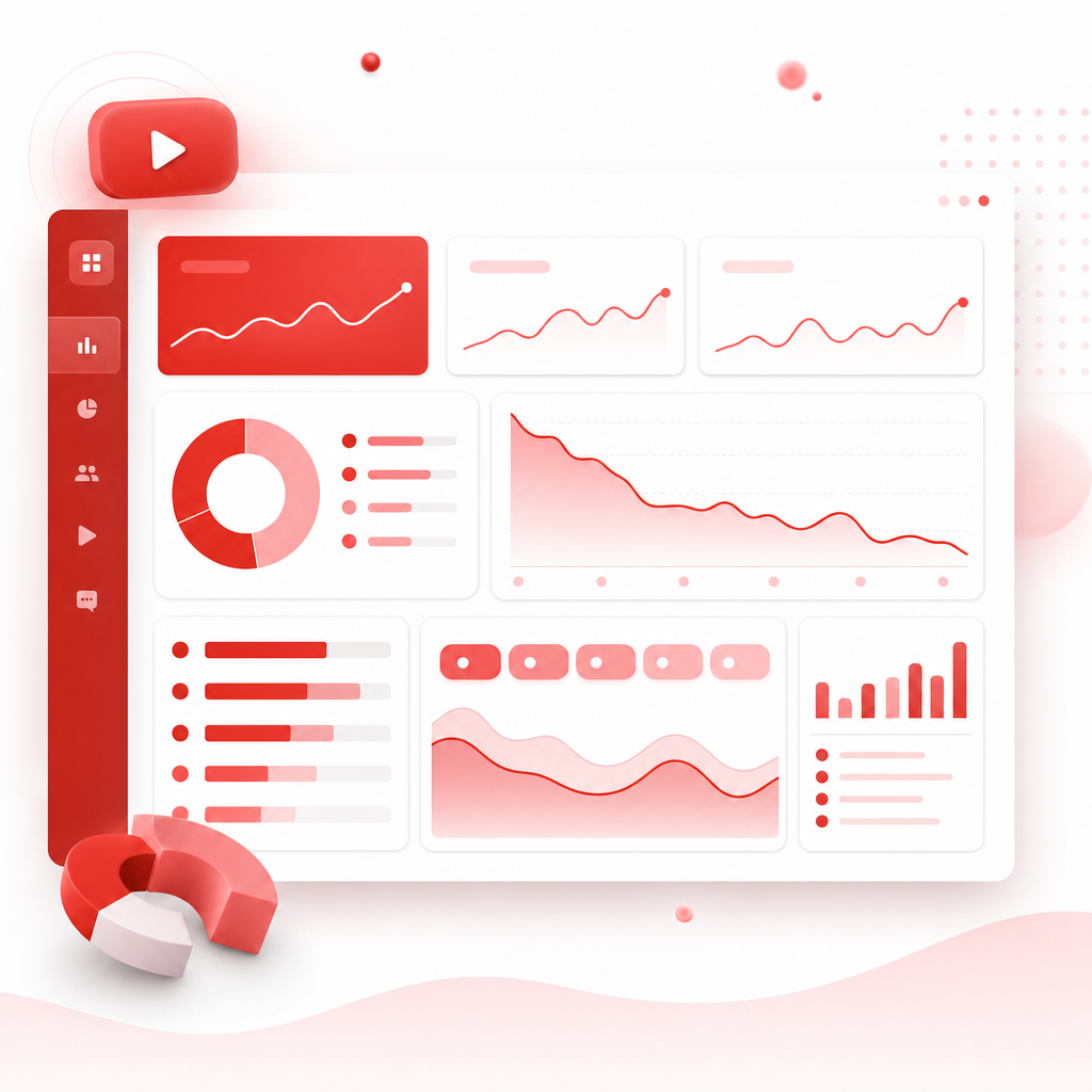 Abstract dashboard visuals showing YouTube metrics and analytics panels for tracking performance.