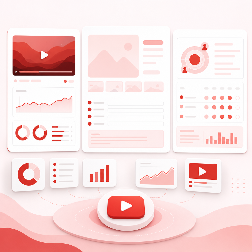 Abstract templates and workflow cards representing a repeatable YouTube analytics and planning system.