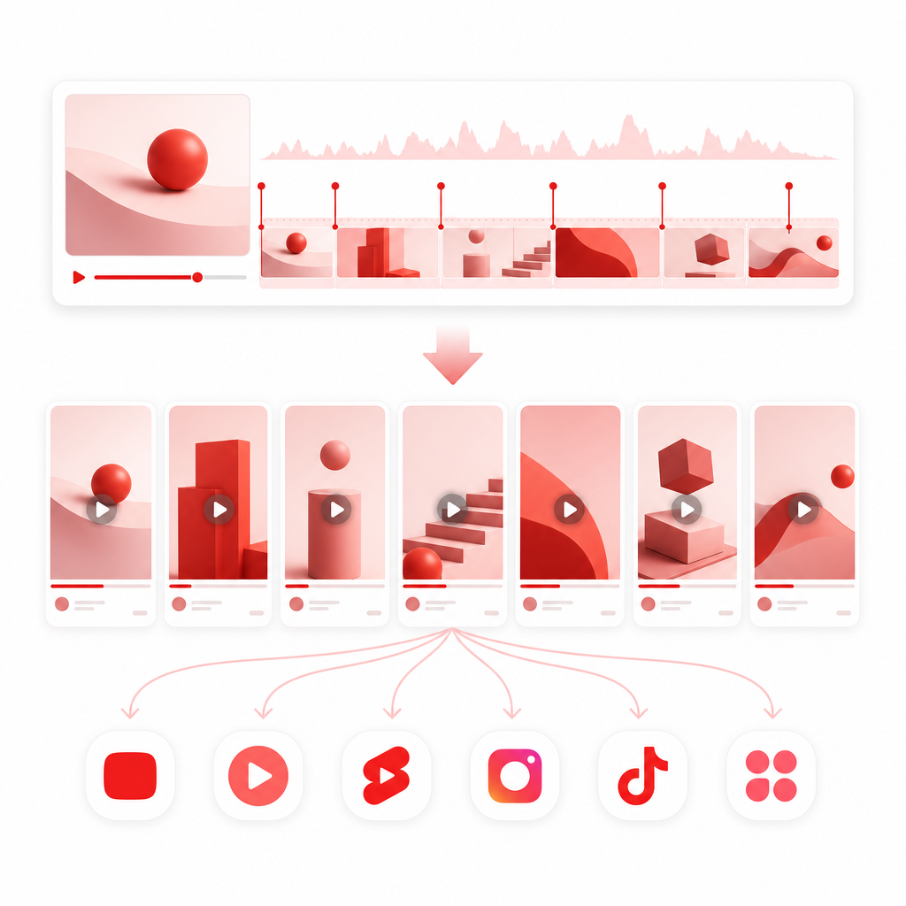 Illustration showing Vizard Clips converting one long video into many short clips for multiple platforms.
