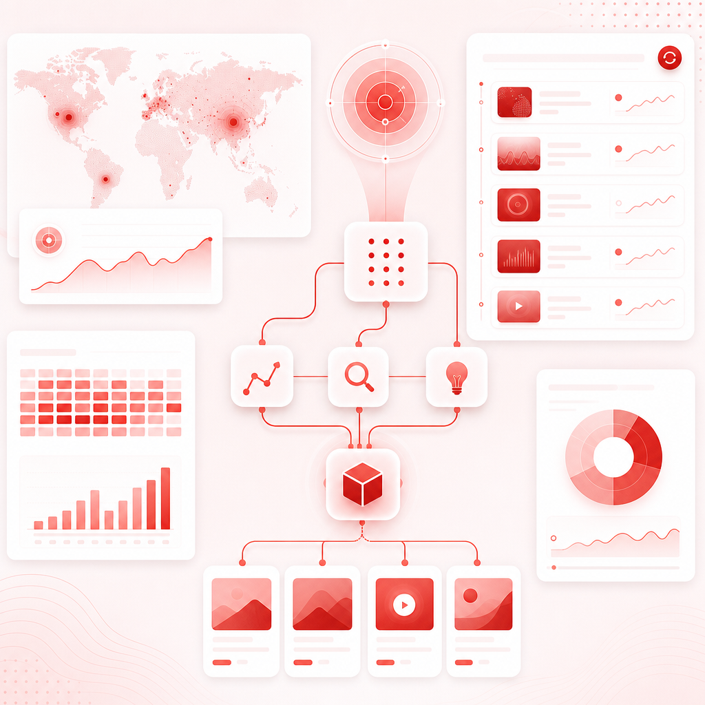 Clean automation dashboard illustration representing trend scanning, content gap detection, and daily insights.