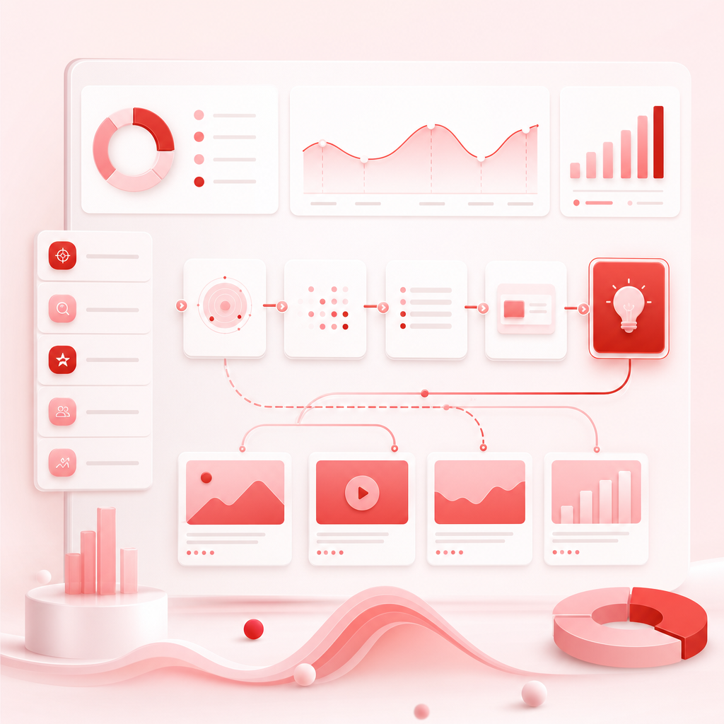 Dashboard-style illustration of an idea engine workflow with analytics panels and automation flow cards.