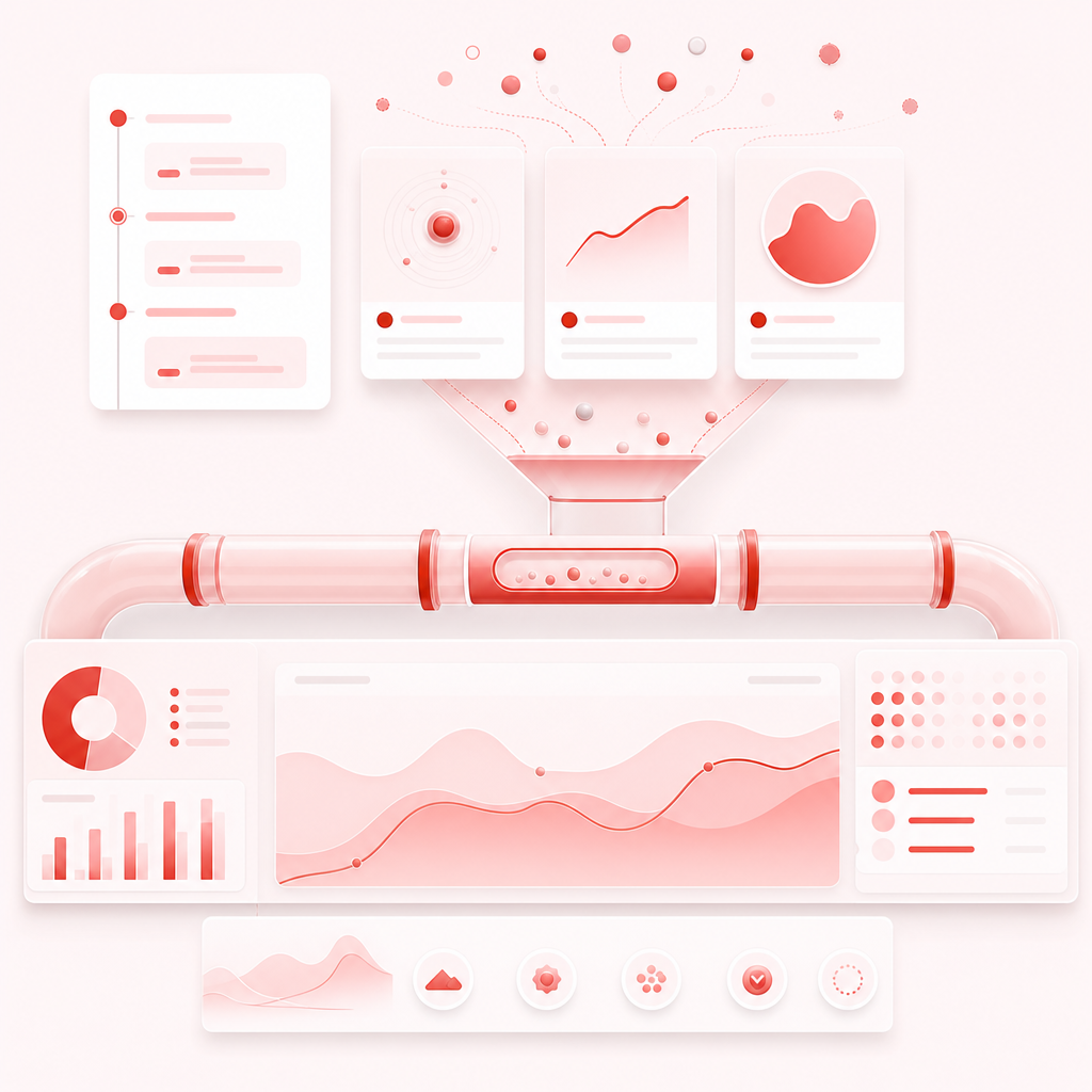 Clean pipeline dashboard illustration showing trend signals flowing into content planning cards.