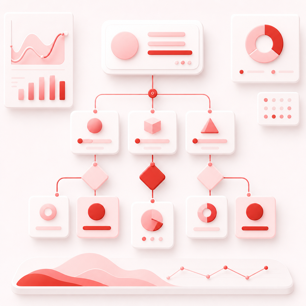 Abstract decision flow illustration showing step-by-step branching logic in dashboard card style.