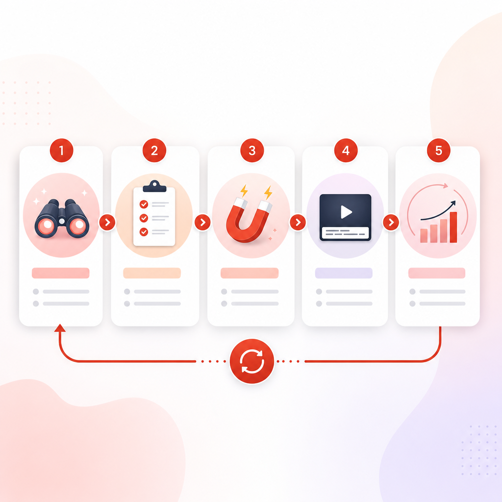 Illustration of a step-by-step trend-to-video workflow including auto subtitles and iteration loop.