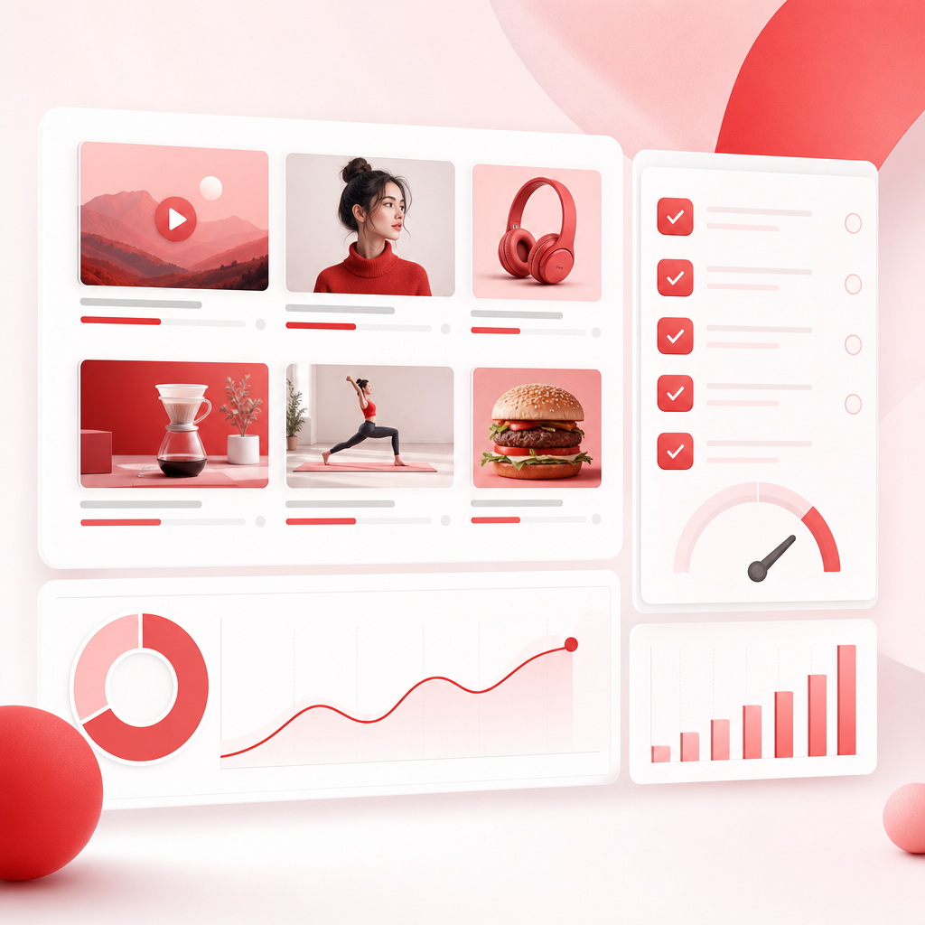 Premium dashboard illustration representing video optimization with checklist and analytics panels.