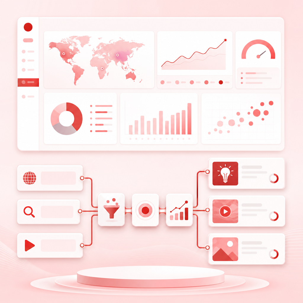 Premium dashboard illustration showing an analytics workflow for trend scanning and content gap detection.