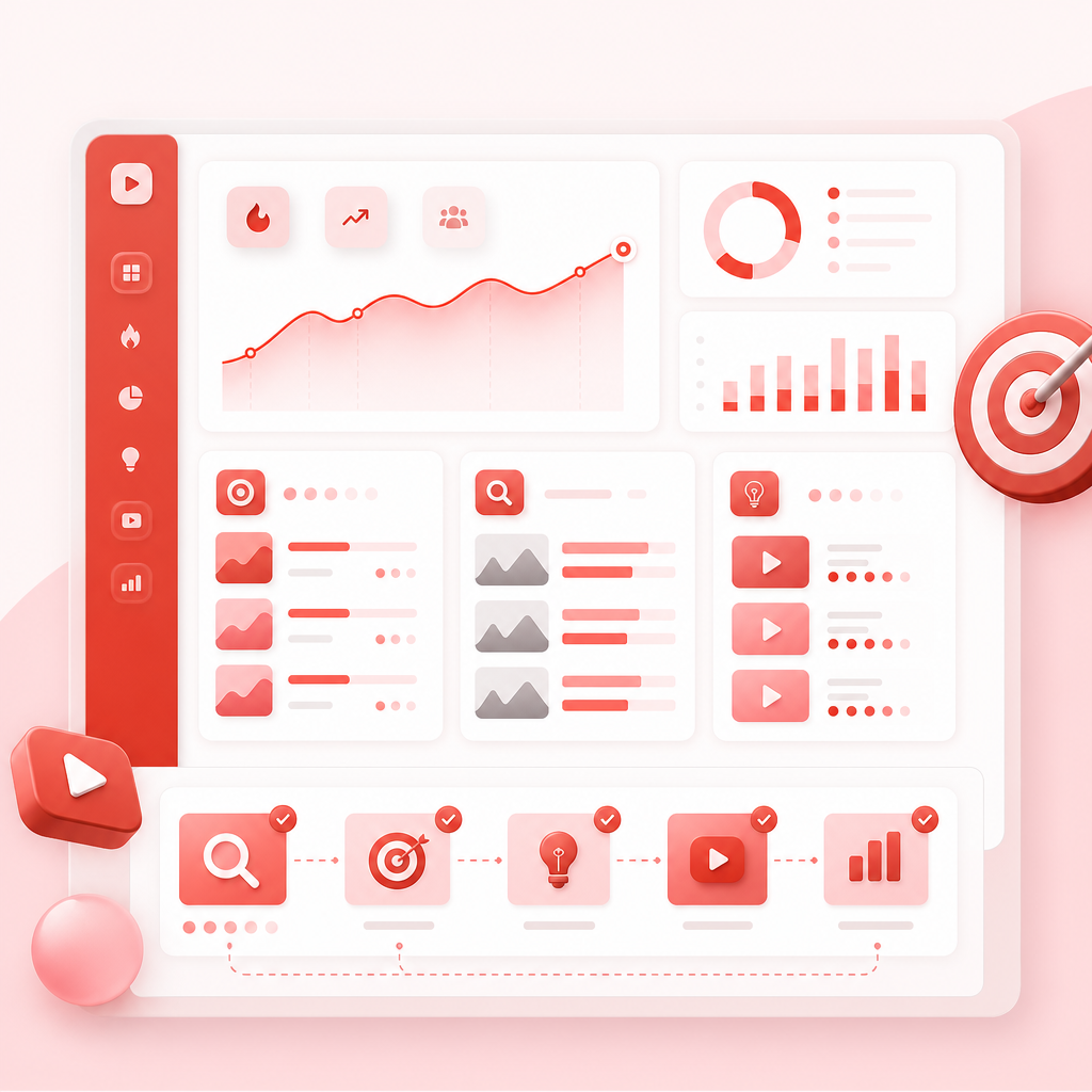 Premium dashboard illustration of a YouTube research tool finding trends, niche opportunities, and content gaps.