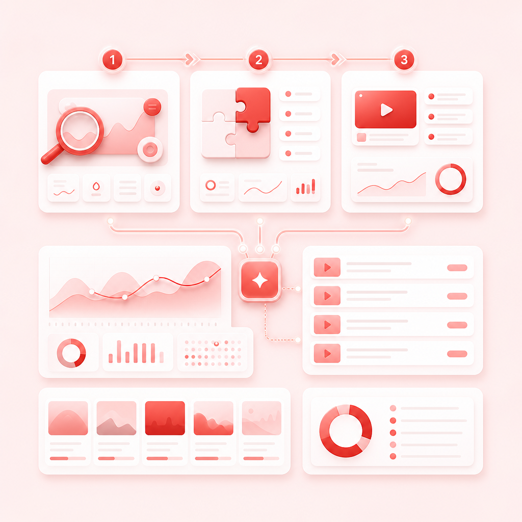 SaaS workflow illustration for scanning trends, finding content gaps, and creating video topics.