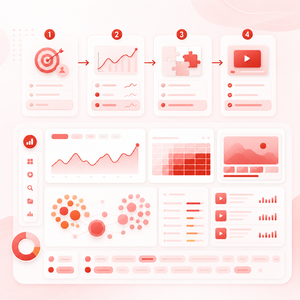 Dashboard-style illustration of a four-step YouTube content gap research workflow.