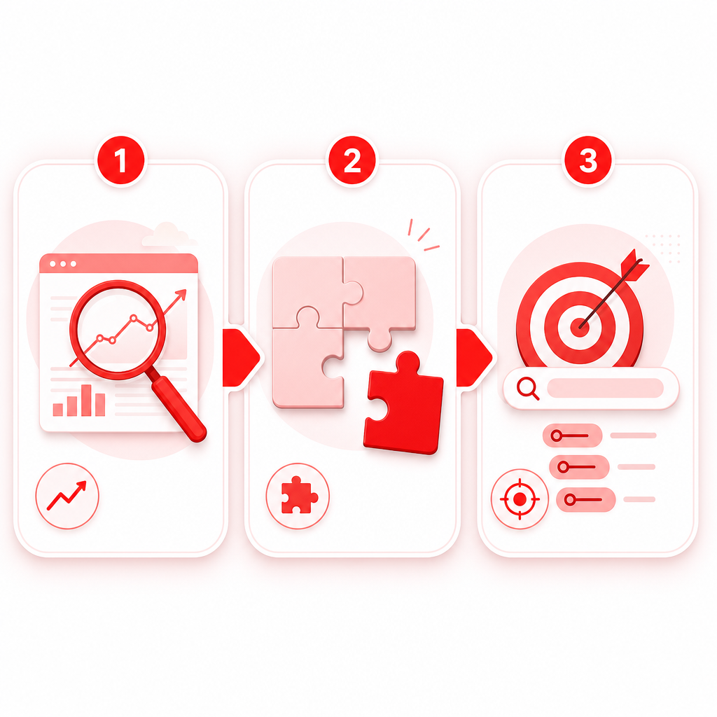 Illustration showing a three-step system that turns YouTube content gaps into video-ready ideas and keywords.