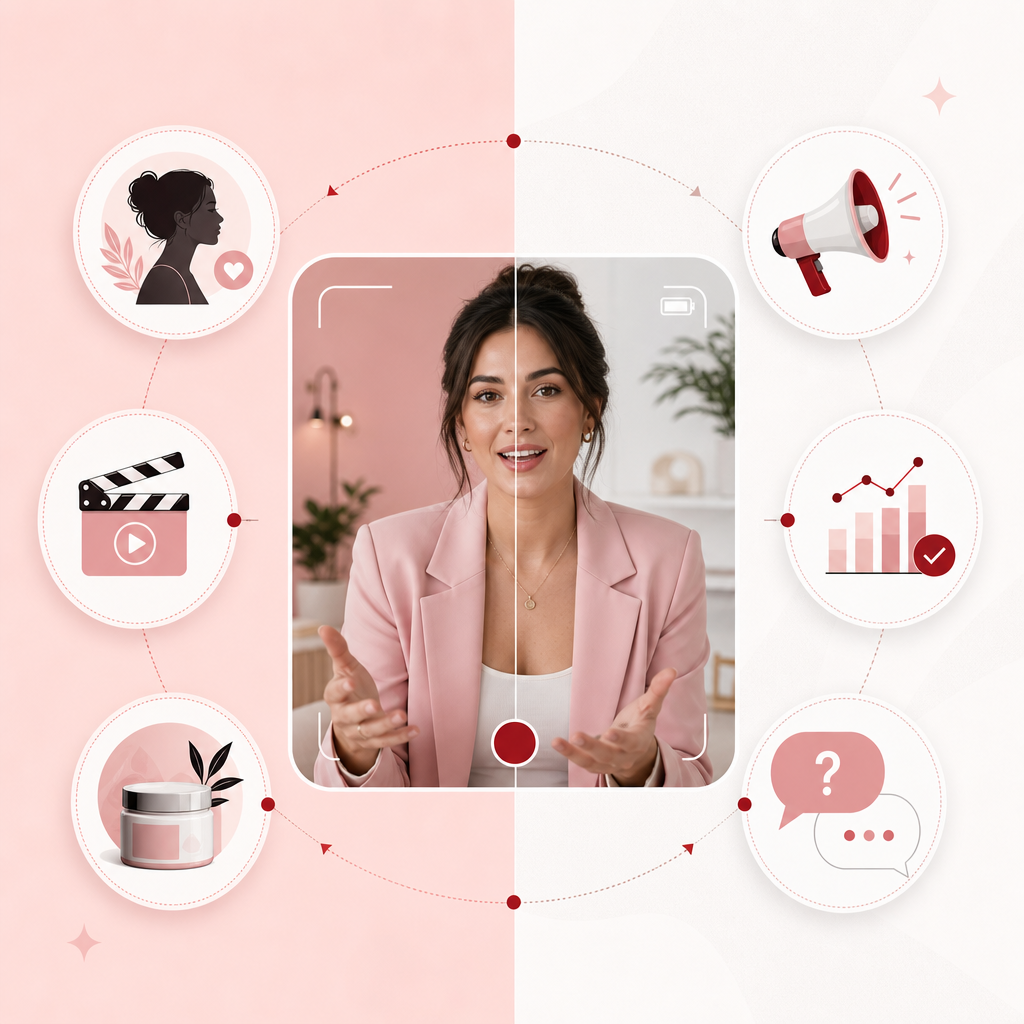 Illustration of six story-driven small business YouTube video formats arranged around a central video concept.
