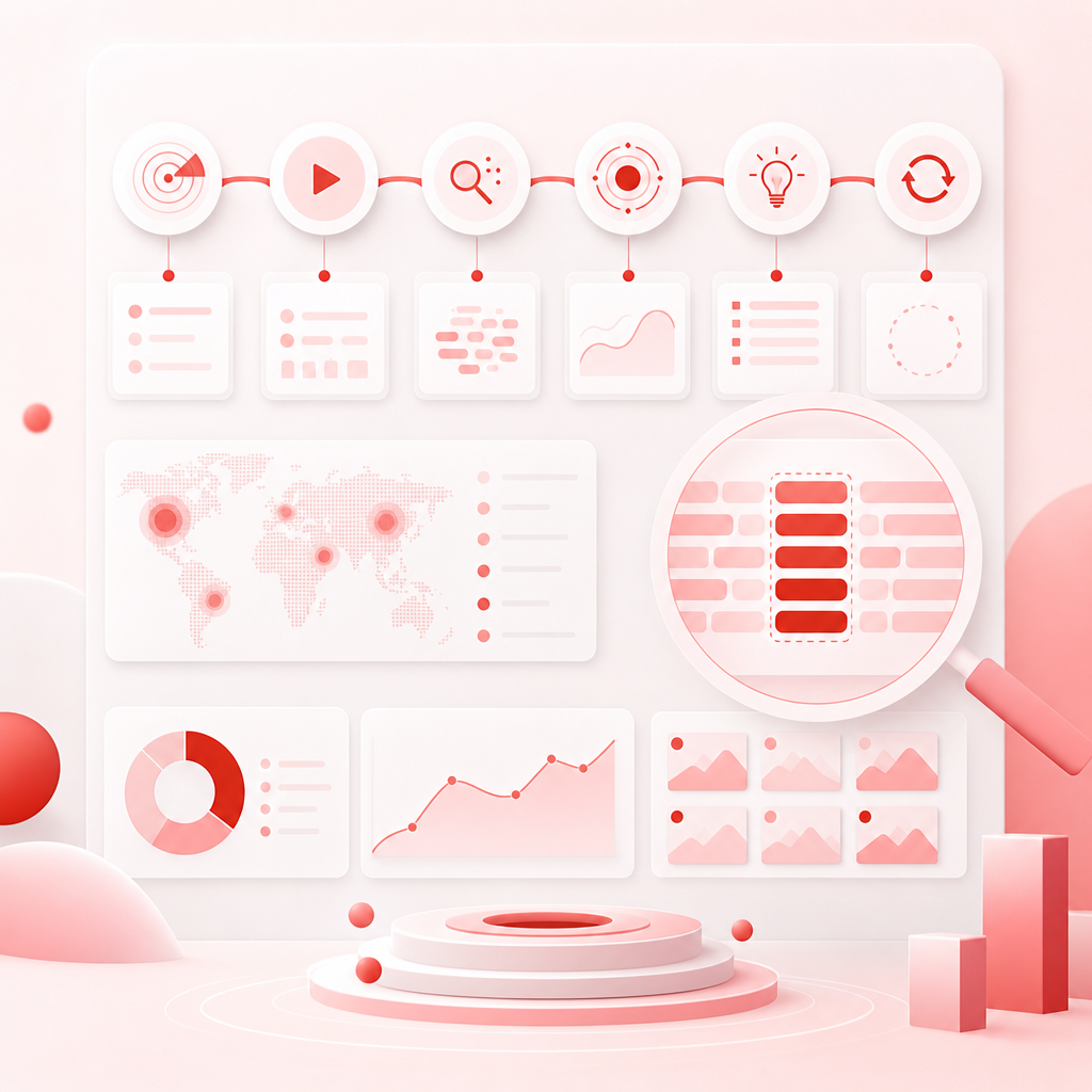 Modern workflow illustration representing a gap-finding process from niche scanning to actionable video ideas.