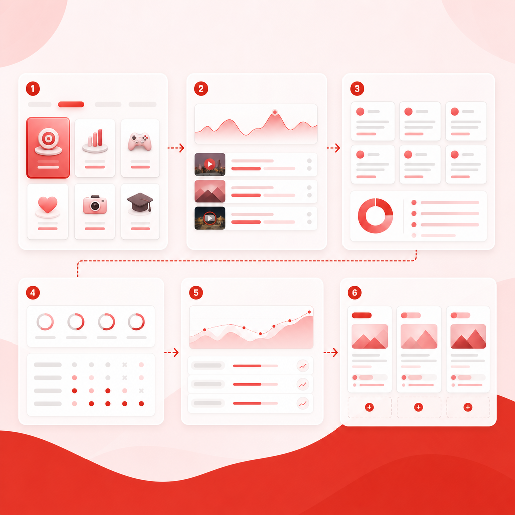 Workflow illustration showing connected steps for discovering video ideas and planning upcoming uploads.