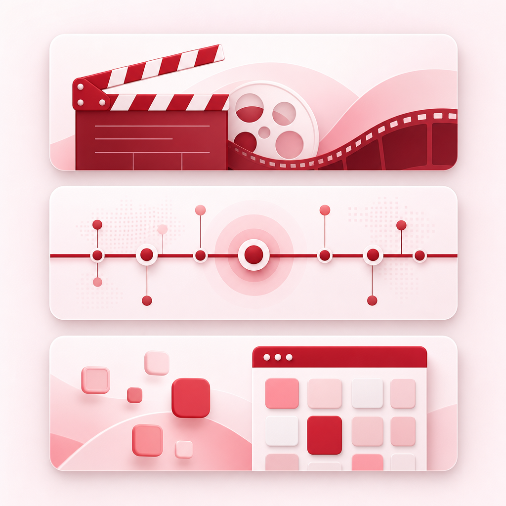 Illustration representing three long-form content lanes: Movies & TV, Current events, and Apps.