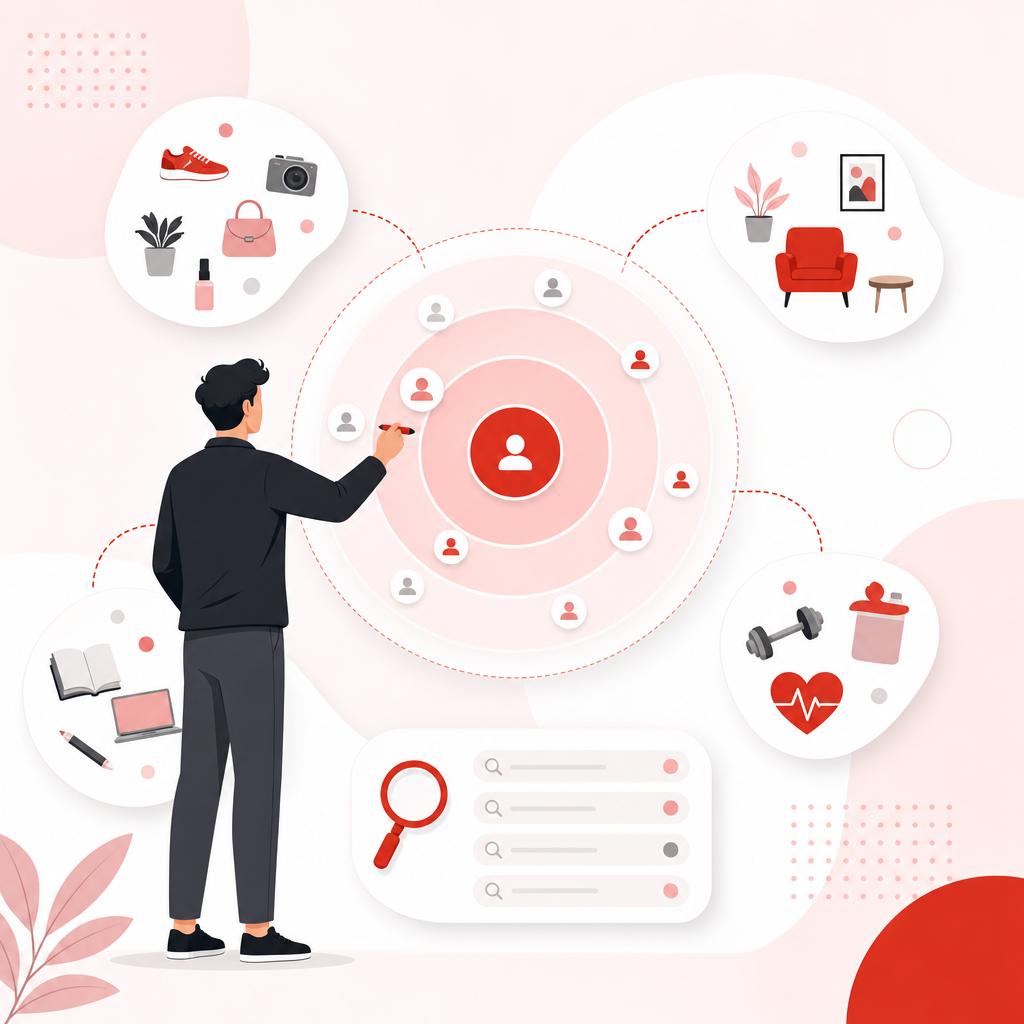 Illustration of defining a niche for accurate YouTube research with target rings and clustered search signals.