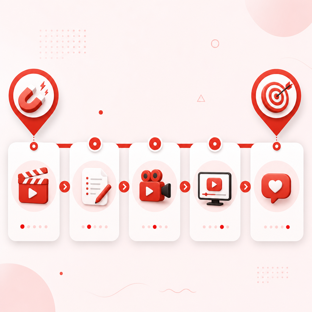 Illustration of turning trending ideas into a structured five-part video plan with hook, promise, proof, steps, and call-to-action.