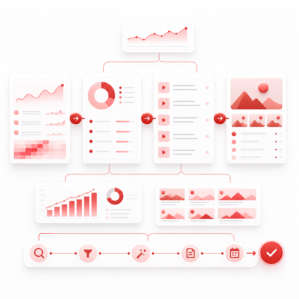 Workflow-style dashboard illustration mapping trend, content gaps, and a video plan.