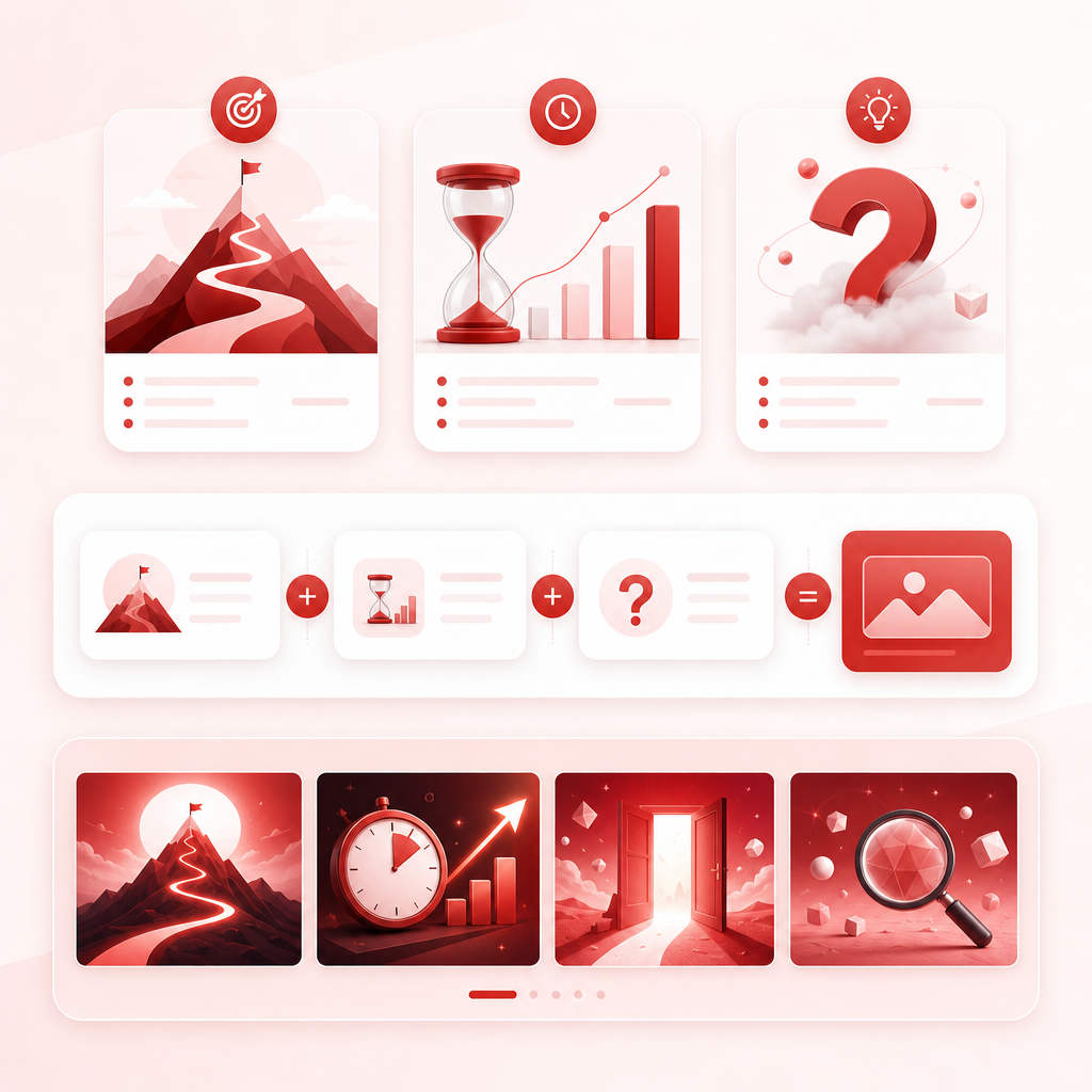 Abstract premium illustration of a thumbnail hook generator with structured cards and hook elements.