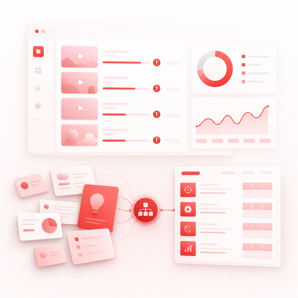 Abstract dashboard illustration showing a stalled educational content workflow and planning signals.