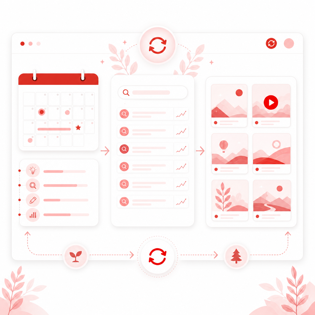 Illustration representing daily evergreen video idea planning and refreshing with a research workflow.