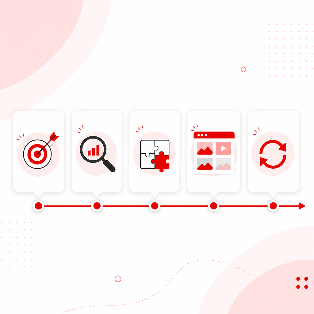 Illustration of an evergreen YouTube content strategy workflow from intent to refreshable formats.