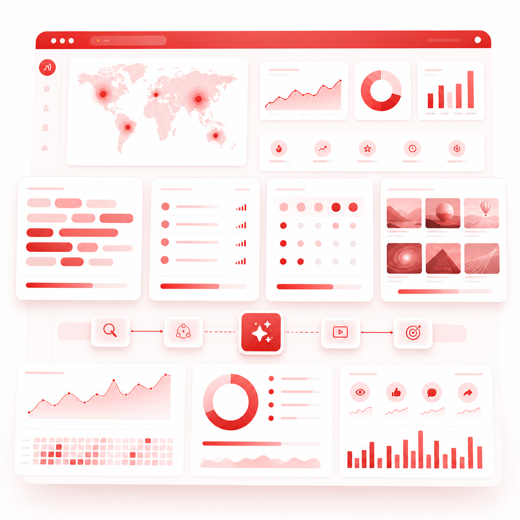 YouTube idea engine dashboard showing trend signals, keyword bundles, and content gap modules.