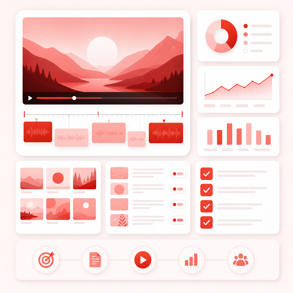 Faceless video planning dashboard with topic, narration, and visual workflow cards.