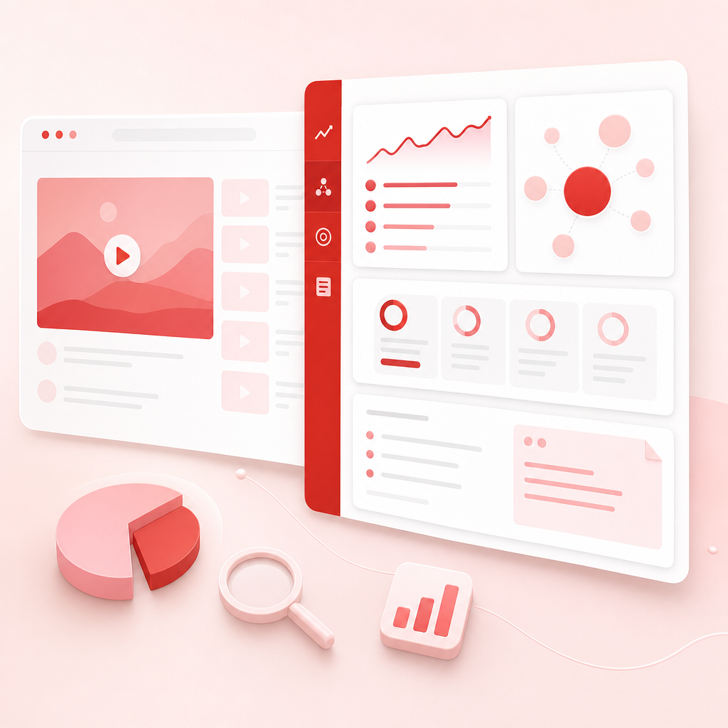 Premium dashboard illustration representing faster video research workflow with trend and keyword panels.