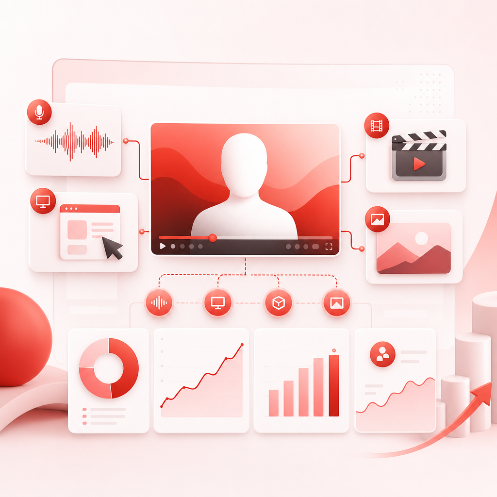 Abstract premium workflow illustration representing faceless YouTube content formats and outcomes.