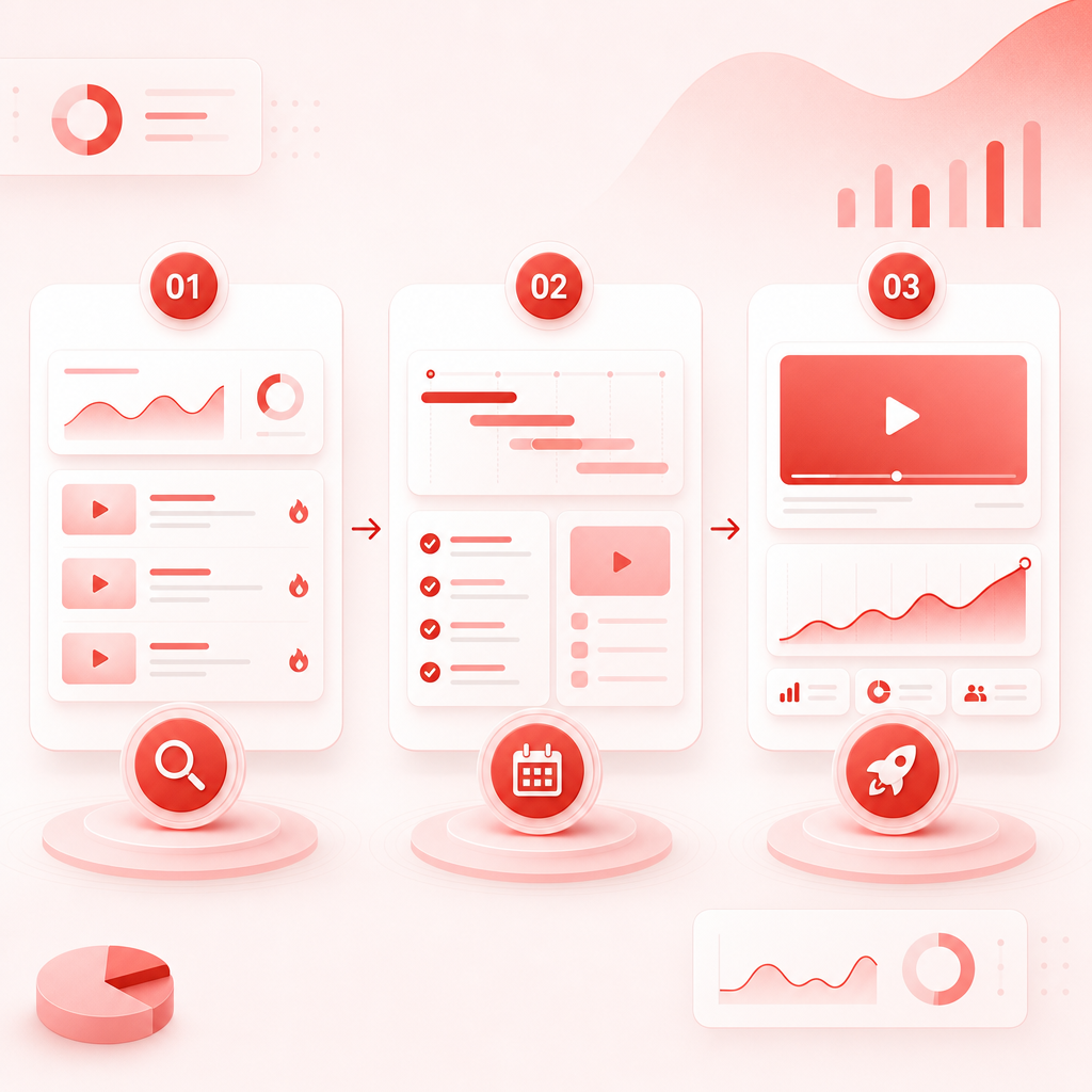 Abstract dashboard workflow illustration with step cards from discovery to planning.