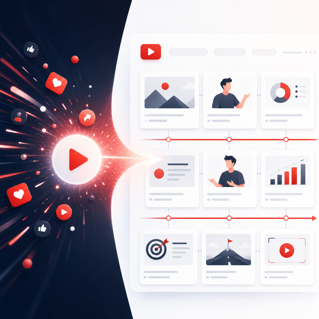 Illustration showing viral ideas shifting into structured YouTube video planning.