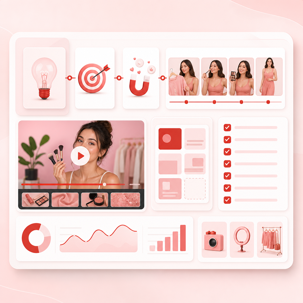Premium dashboard illustration showing a mini storyboard template with structured outline and checklist panels.