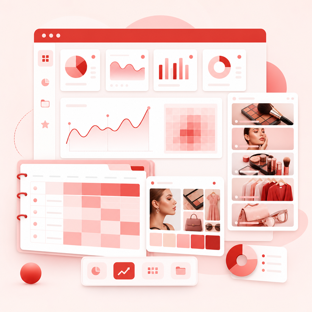 Modern analytics dashboard illustration with report panels and filter-style chips for research planning.